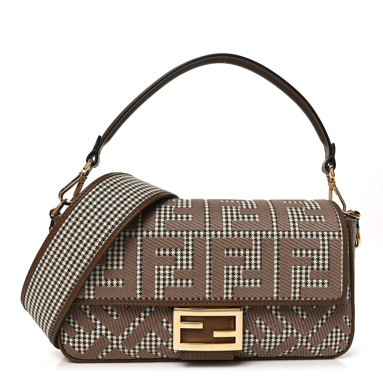 Fendi Wool Vitello King Houndstooth FF Embroidered Baguette Beige Moro 1 of 11