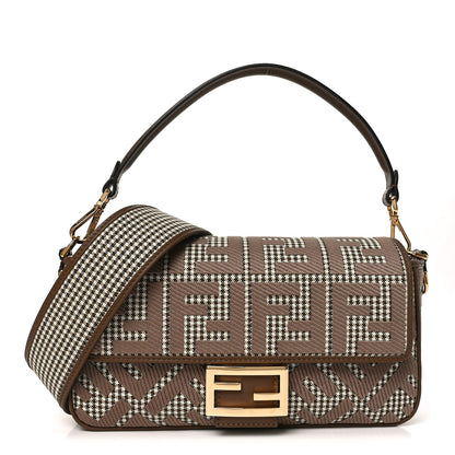 Fendi Wool Vitello King Houndstooth FF Embroidered Baguette Beige Moro 1 of 11