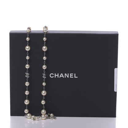 Chanel Graduated Pearl Crystal CC Long Necklace Silver 10 of 10