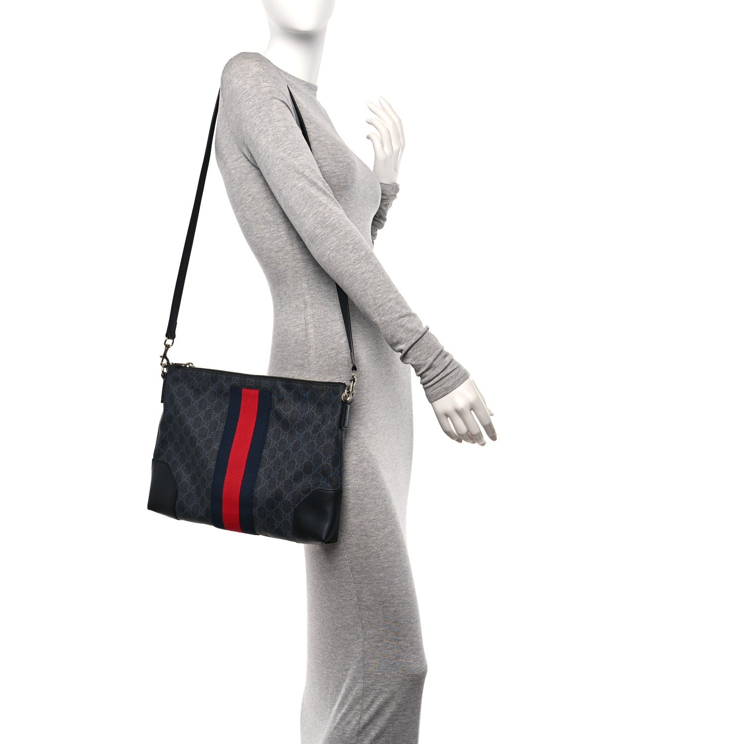 Gucci Soft GG Supreme Monogram Appia Calfskin Web East West Messenger Bag Black Grey 2 of 12