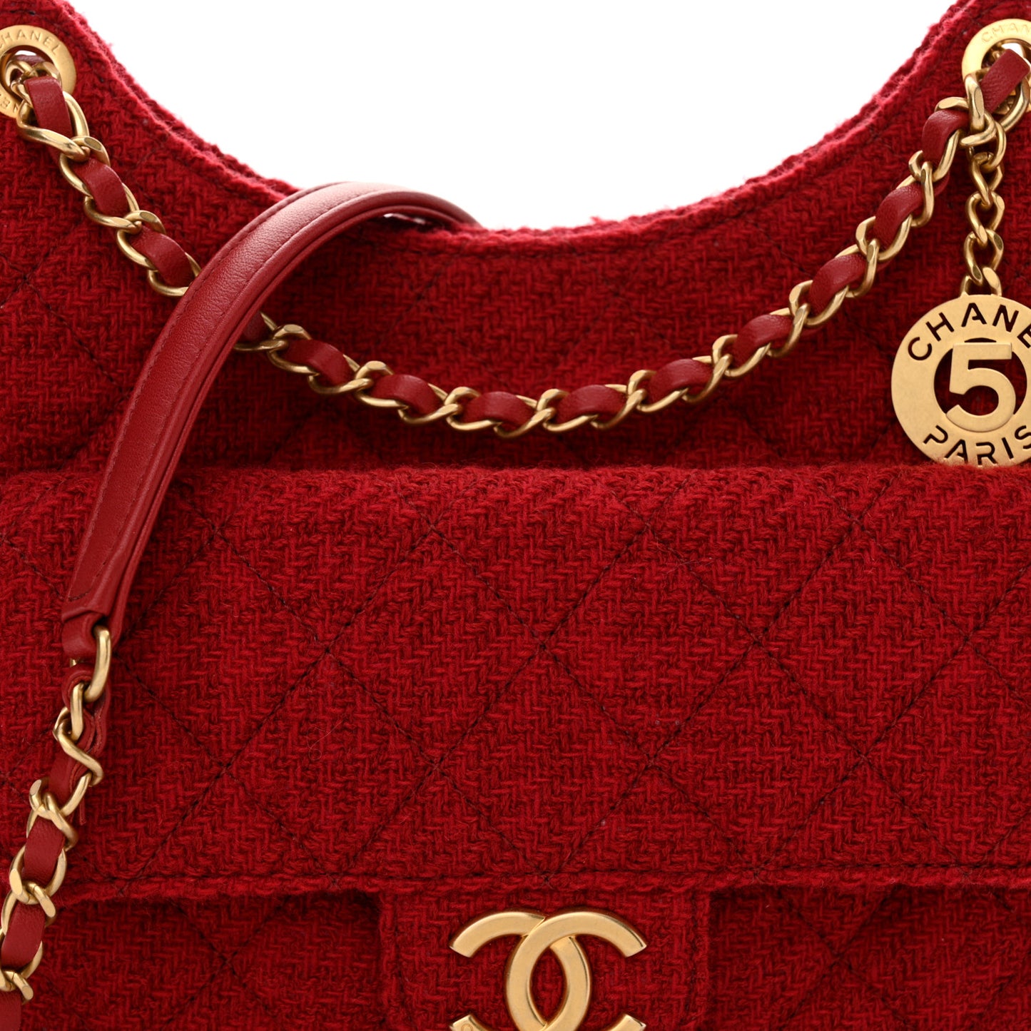 Tweed Quilted Small Wavy CC Hobo Red