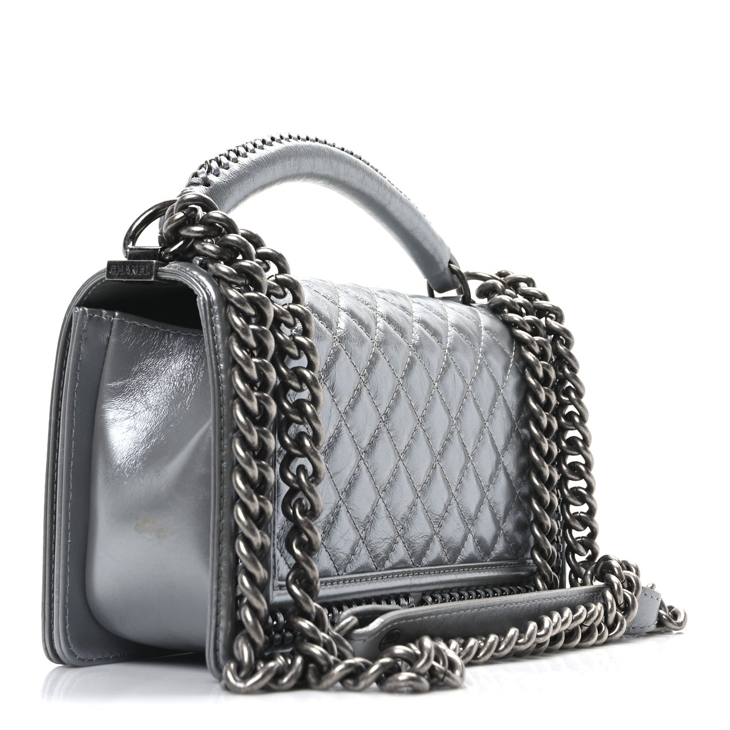 Metallic Calfskin Quilted Medium Top Handle Boy Flap Silver