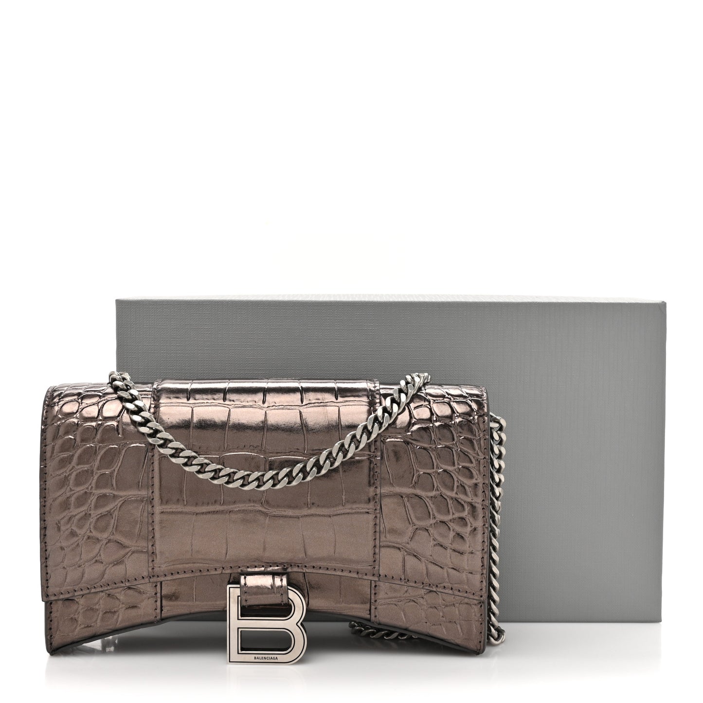 Shiny Metallic Calfskin Crocodile Embossed Hourglass Chain Bag Dark Bronze