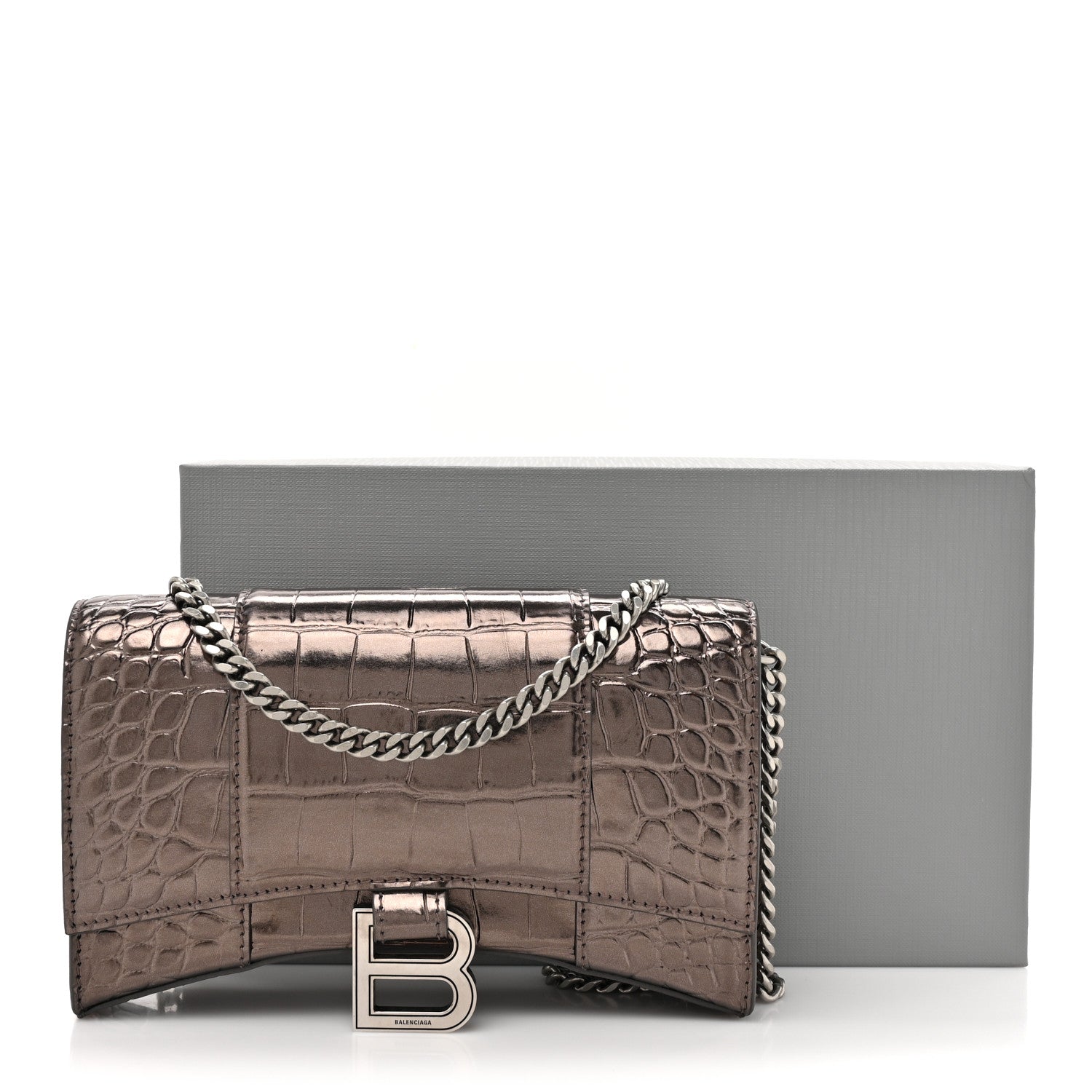 Balenciaga Shiny Metallic Calfskin Crocodile Embossed Hourglass Chain Bag Dark Bronze 14 of 14