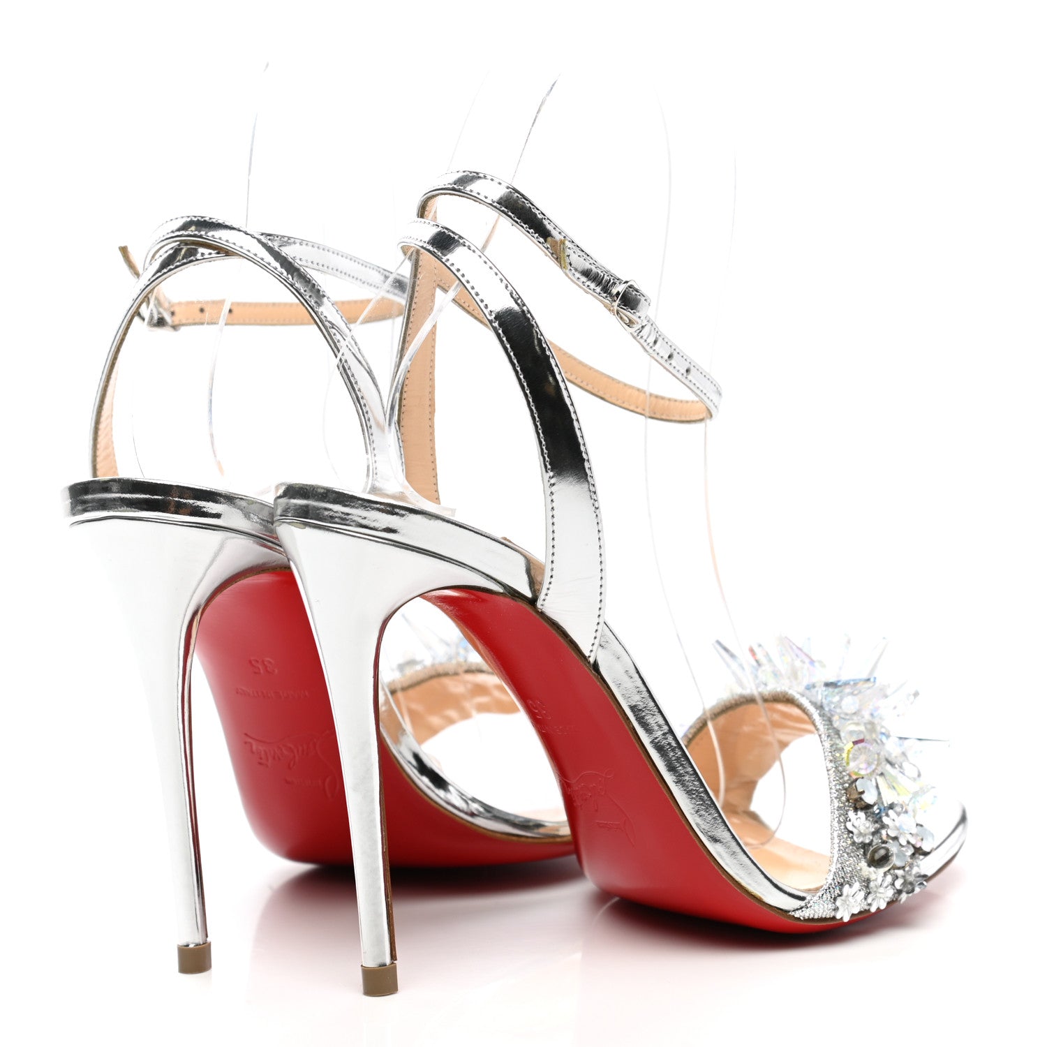 Christian Louboutin Satin Specchino Okydok 100 Ankle Strap Sandals 35 Silver 4 of 10
