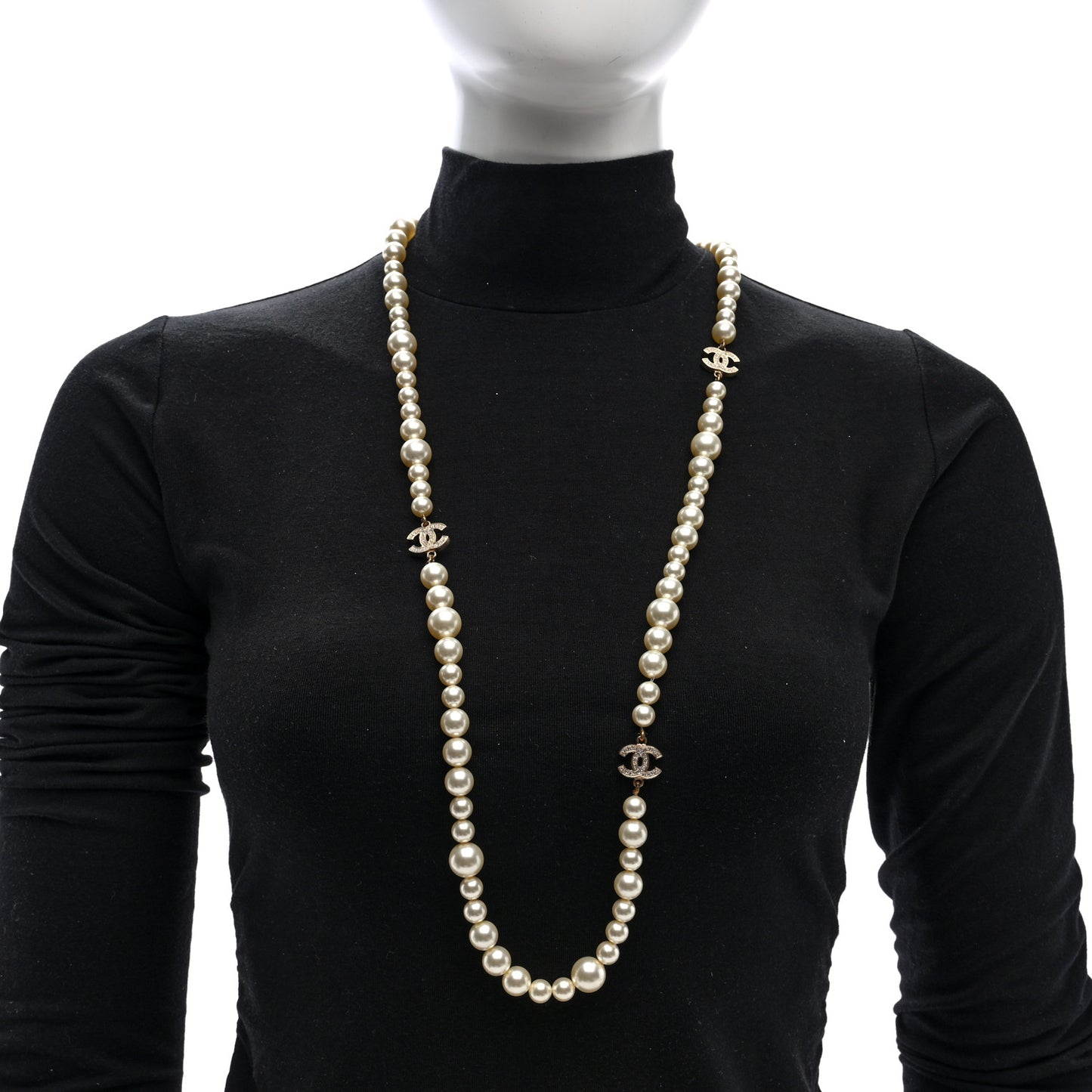 Graduated Pearl Crystal CC Long Necklace White