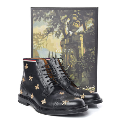 Gucci Calfskin Sylvie Web Bee Star Embroidered Mens Brogue Captoe Boots 7.5 Black 10 of 10