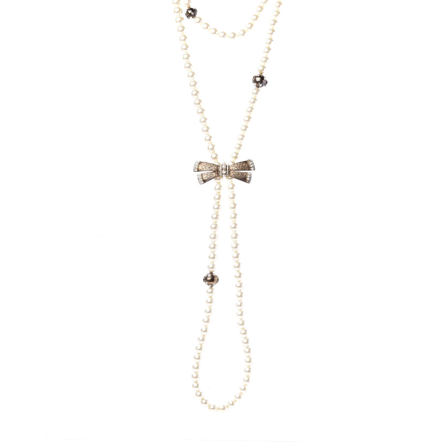 Pearl Crystal CC Bow Long Necklace Gold
