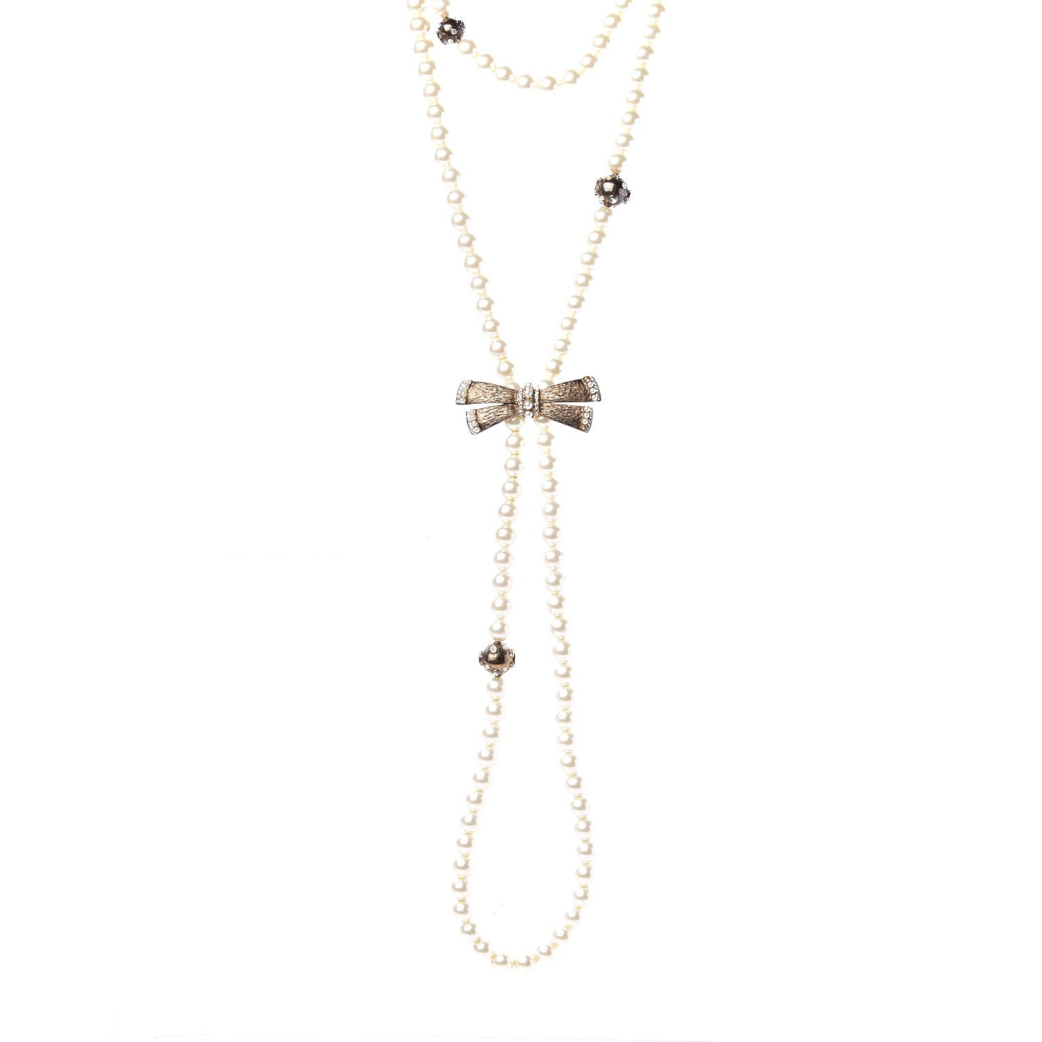 Chanel Pearl Crystal CC Bow Long Necklace Gold 1 of 3