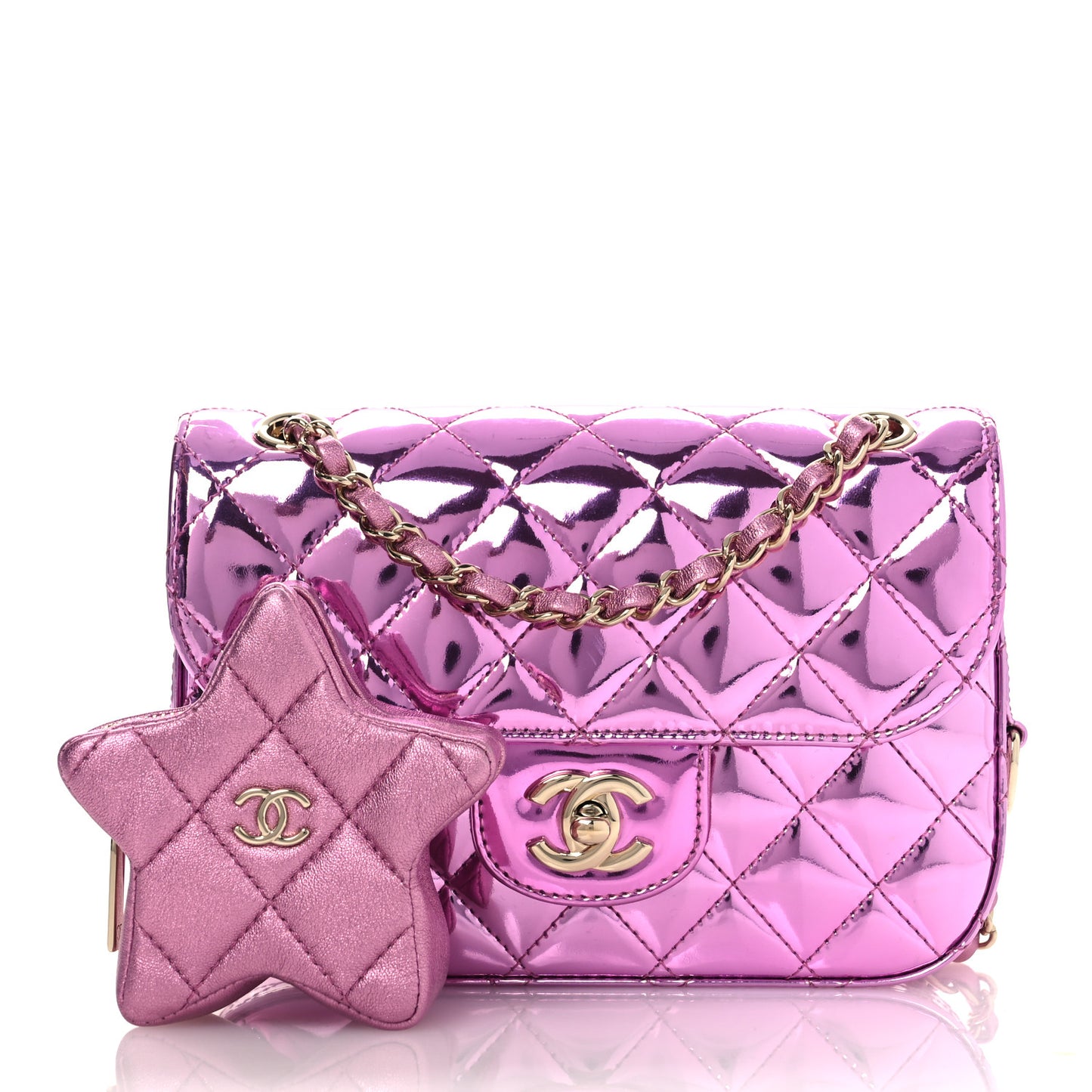 Mirror Calfskin Metallic Lambskin Quilted Hollywood Boulevard Mini Flap With Star Coin Purse Pink