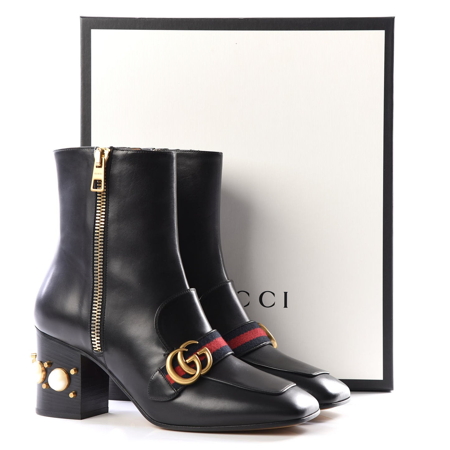 Betis Glamour Calfskin Web Pearl Embellished Peyton 75mm Ankle Boots 40.5 Black