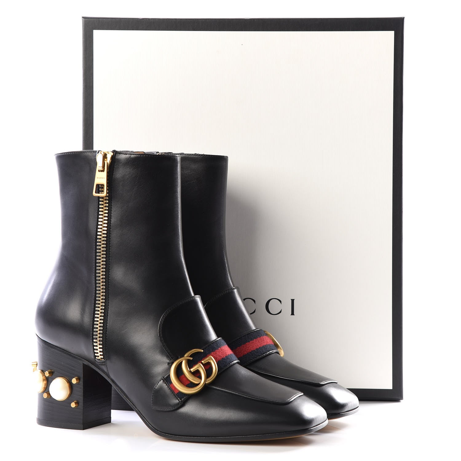 Gucci Betis Glamour Calfskin Web Pearl Embellished Peyton 75mm Ankle Boots 40.5 Black 9 of 9