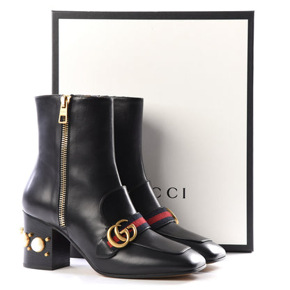 Gucci Betis Glamour Calfskin Web Pearl Embellished Peyton 75mm Ankle Boots 40.5 Black 9 of 9