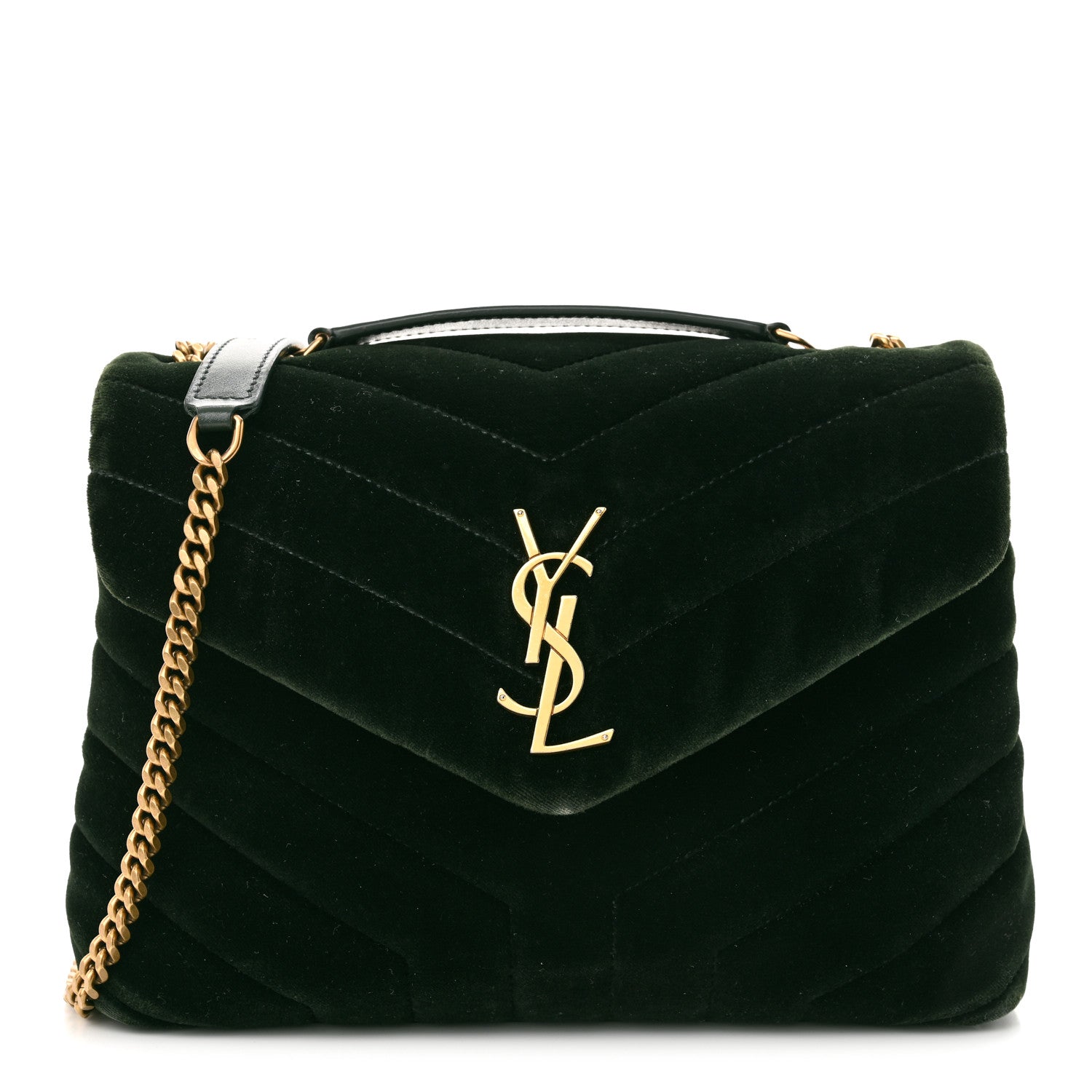 Saint Laurent Velvet Y Quilted Monogram Small Loulou Chain Satchel Dark Green 1 of 11