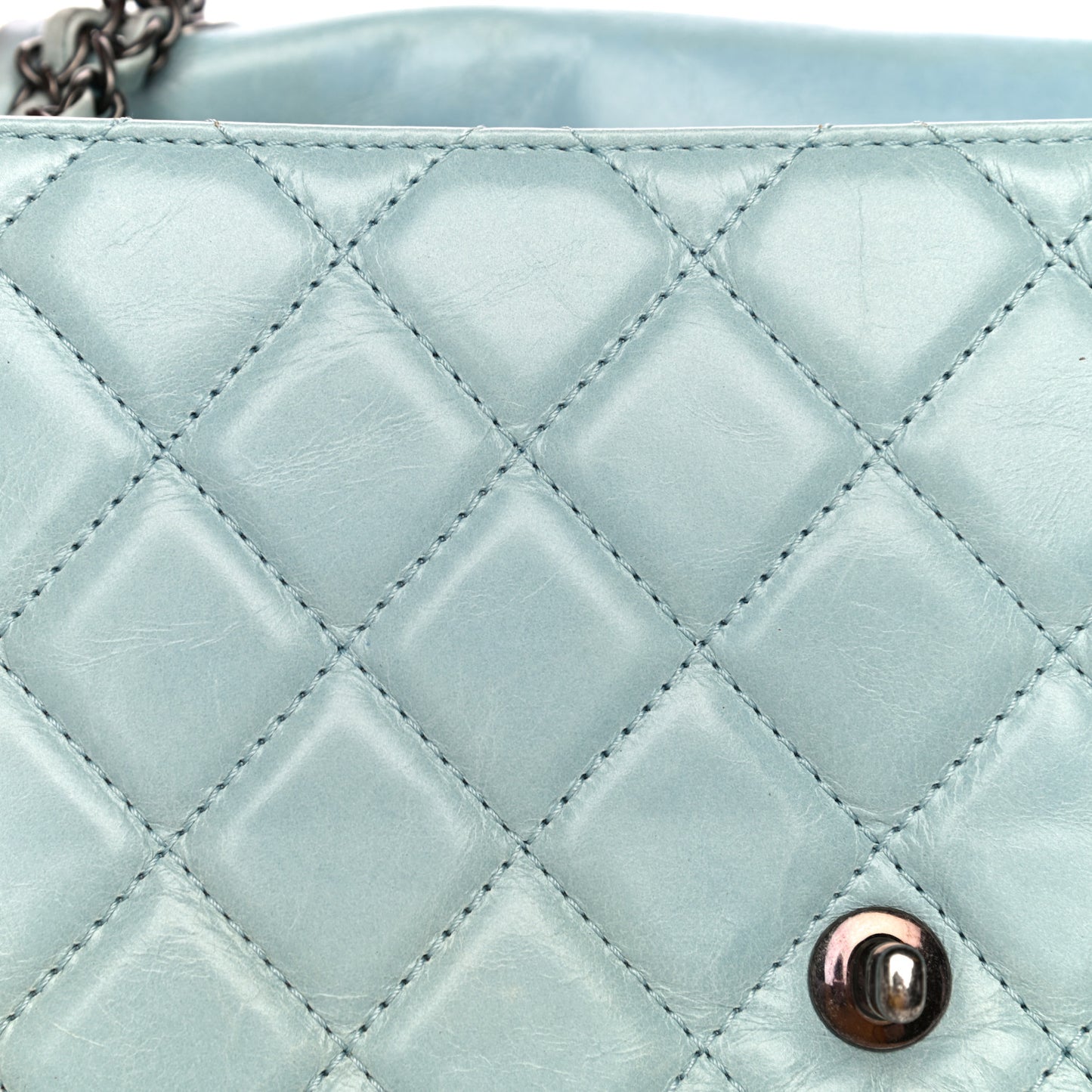 Glazed Calfskin Quilted Large Coco Soft Flap Light Blue