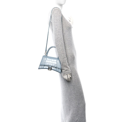 Balenciaga Shiny Calfskin Crocodile Embossed Small Hourglass Top Handle Bag Blue Grey 2 of 11