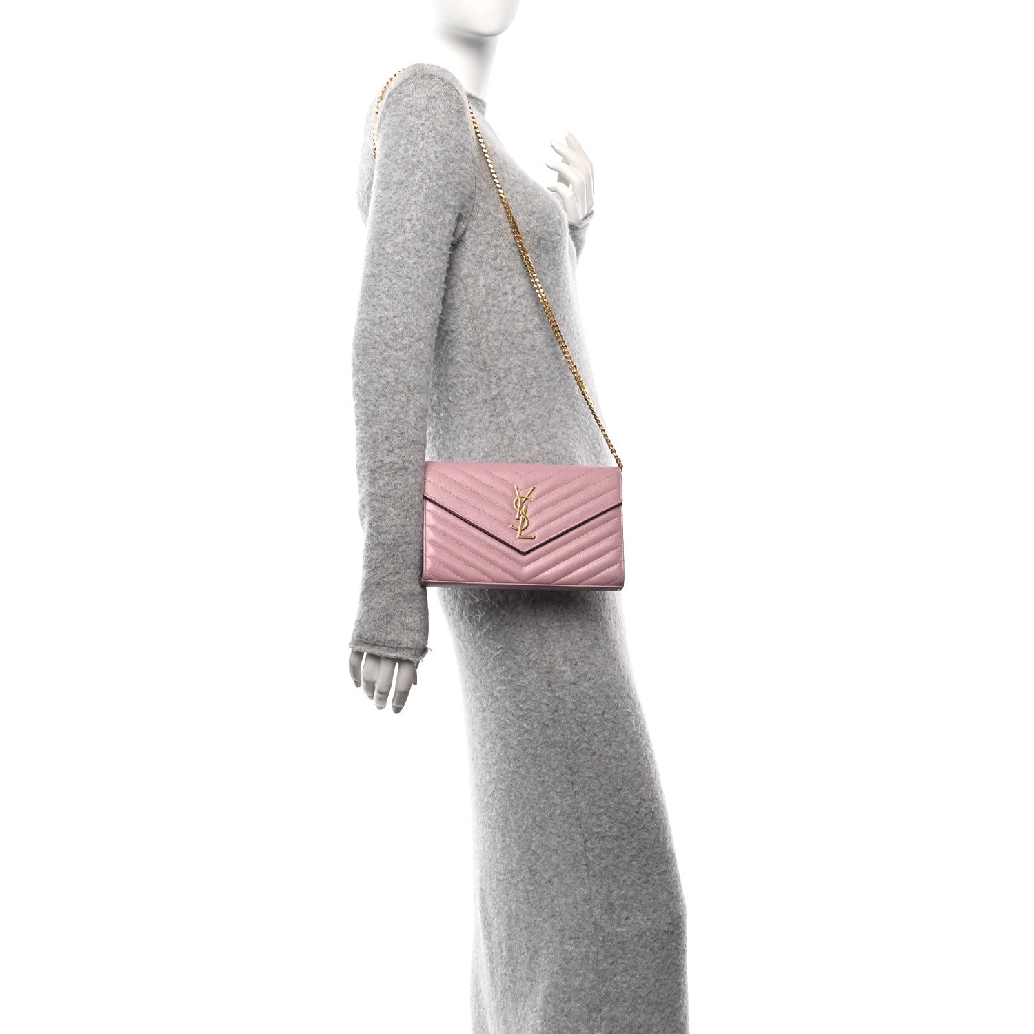 Saint Laurent Grain De Poudre Matelasse Chevron Monogram Chain Wallet Tender Pink 2 of 13