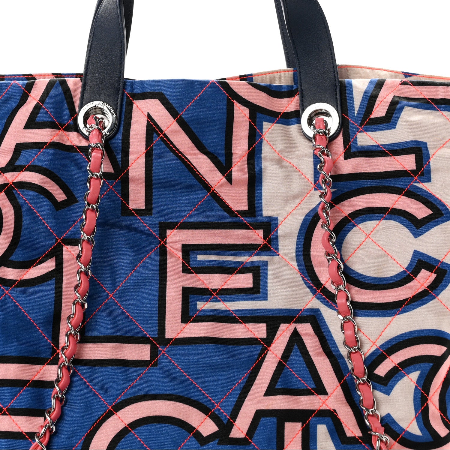 Chanel Nylon Stitched Printed Logo Shopping Bag Blue Multicolor 7 of 9
