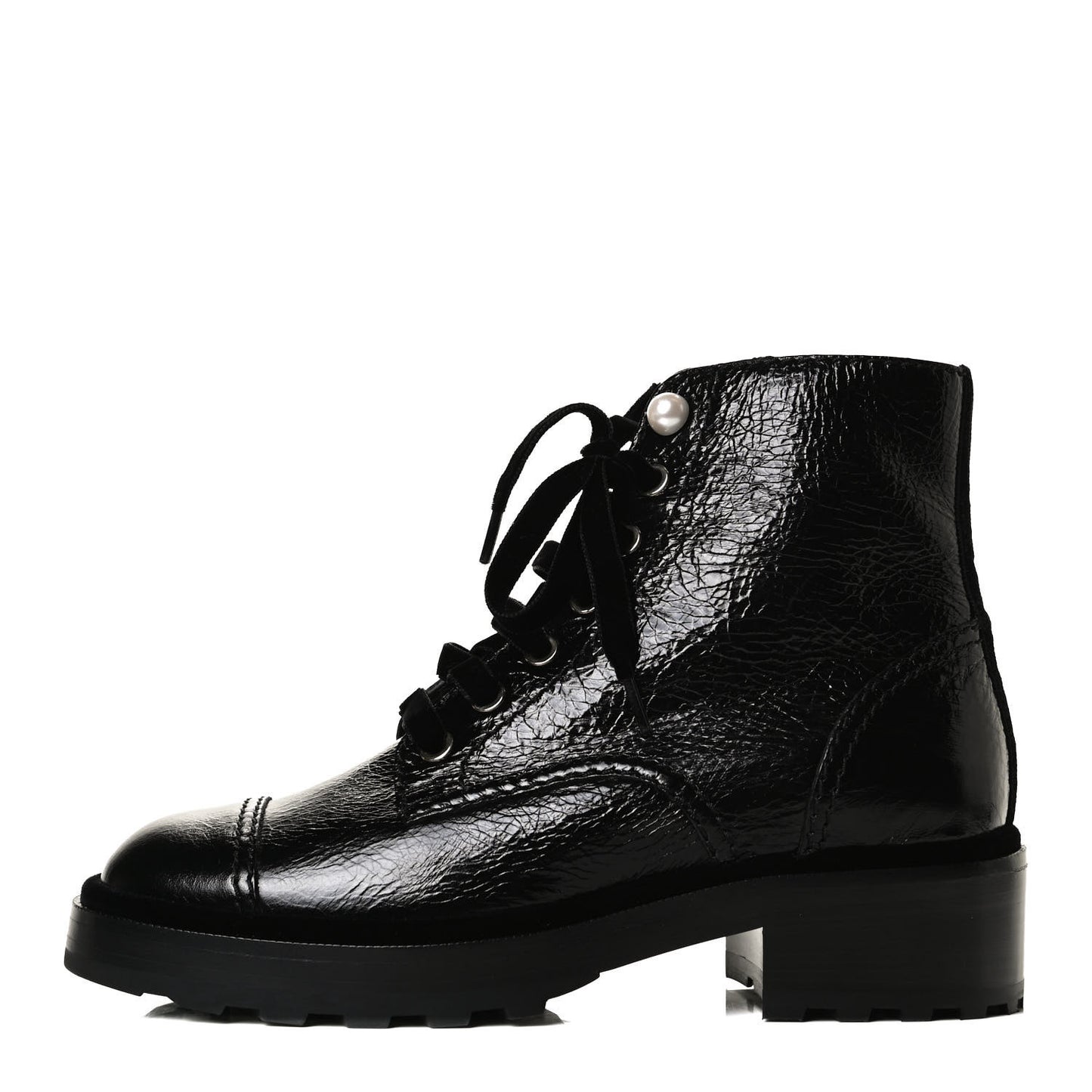 Shiny Calfskin Velvet Pearl Combat Short Boots 37 Black