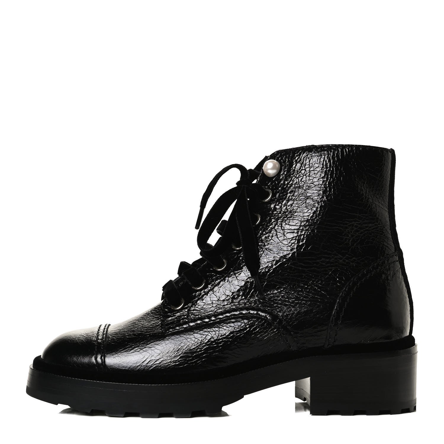 Chanel Shiny Calfskin Velvet Pearl Combat Short Boots 37 Black 1 of 12