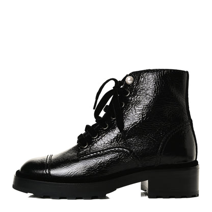 Chanel Shiny Calfskin Velvet Pearl Combat Short Boots 37 Black 1 of 12