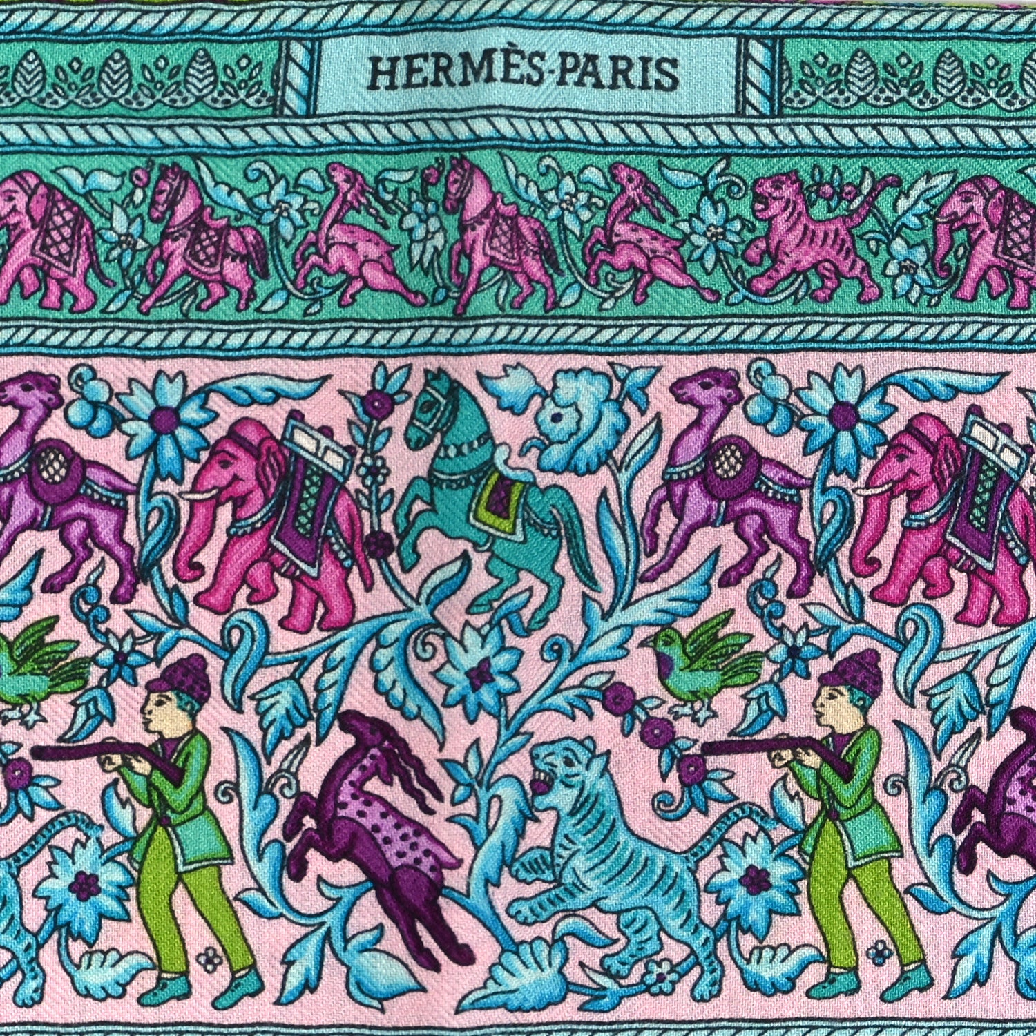 Hermes Cashmere Silk Chasse En Inde Scarf 90 Absinthe Rose Violet 2 of 4
