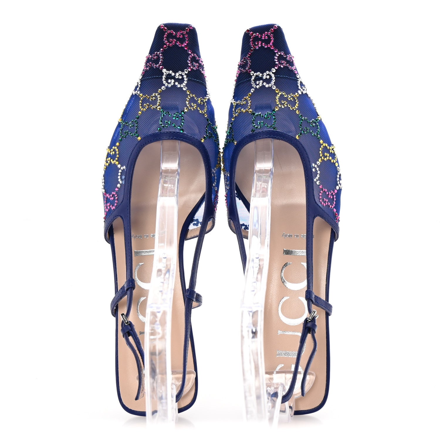 Gucci Tela Retino Nappa Charlotte Crystal GG Monogram Square G 35mm Slingback Pumps 39 Splash Net Blue Witch 2 of 9