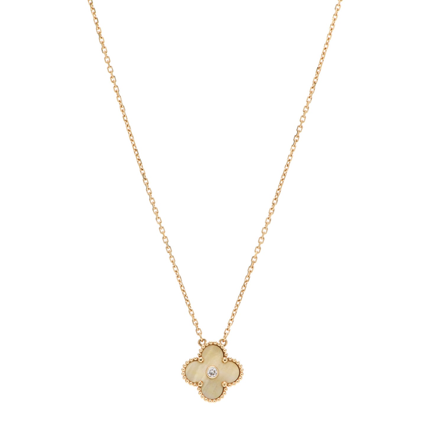 18K Yellow Gold Diamond Yellow Mother of Pearl Vintage Alhambra Pendant Necklace