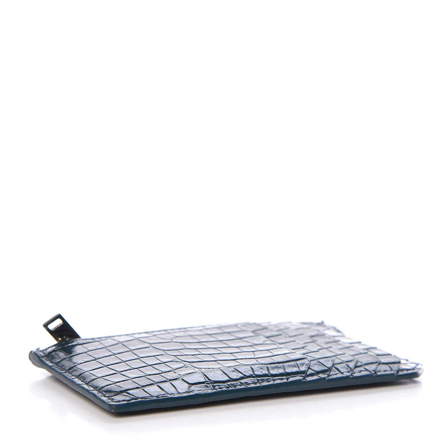 Calfskin Crocodile Embossed 5 Fragments Zip Card Case Dark Green