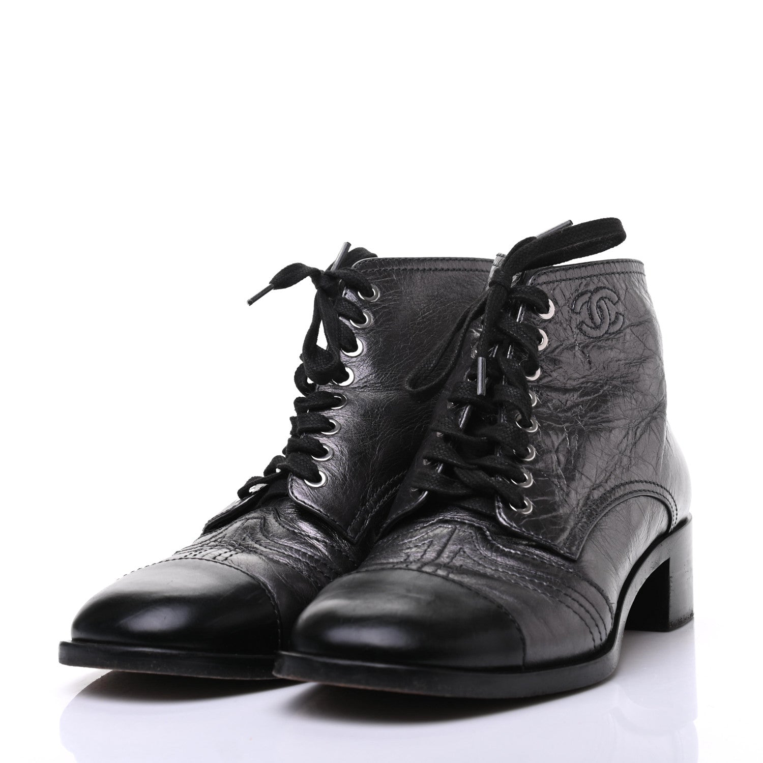 Chanel Metallic Calfskin CC Lace Up Boots 39.5 Silver Black 3 of 8