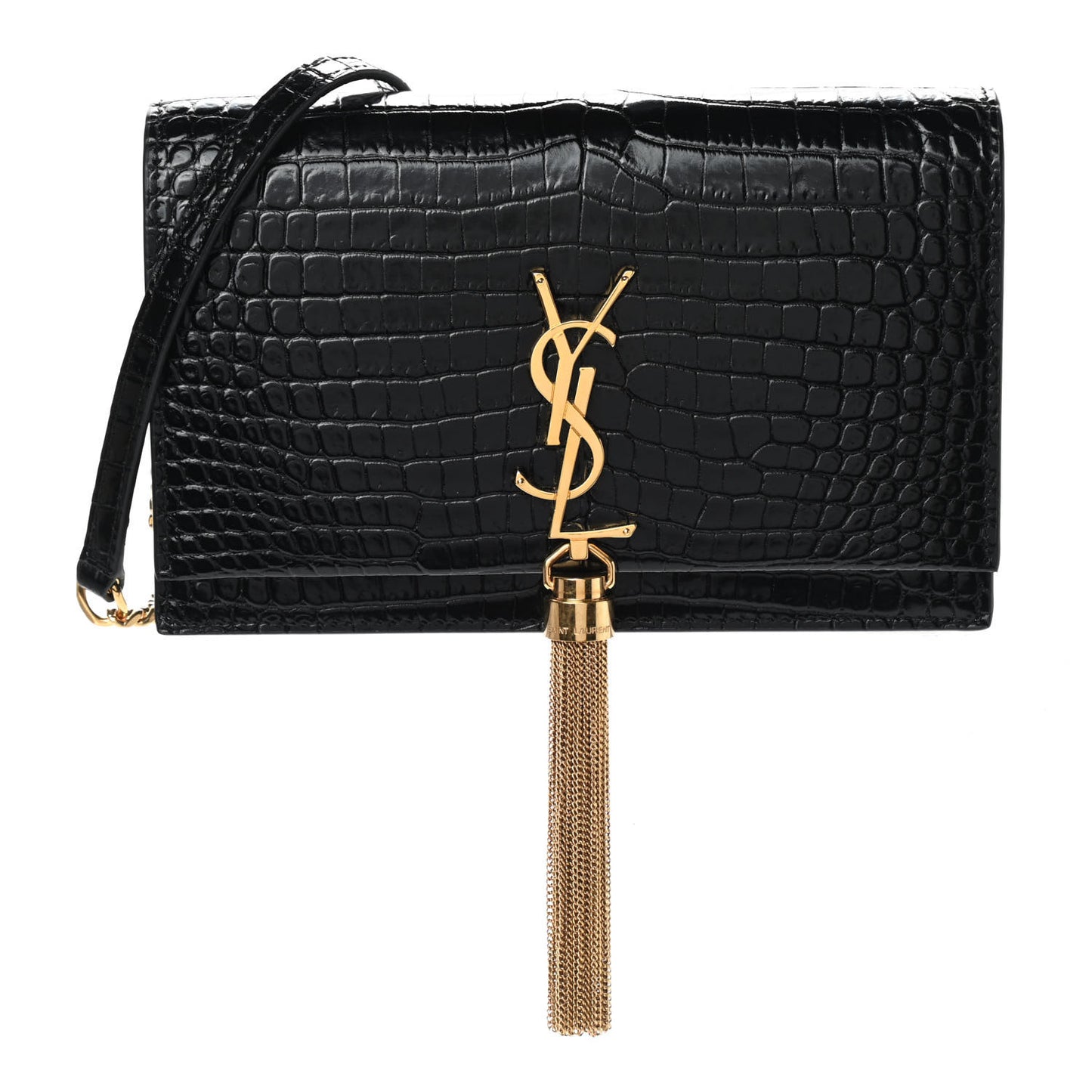 Calfskin Crocodile Embossed Kate Monogram Tassel Chain Wallet Black
