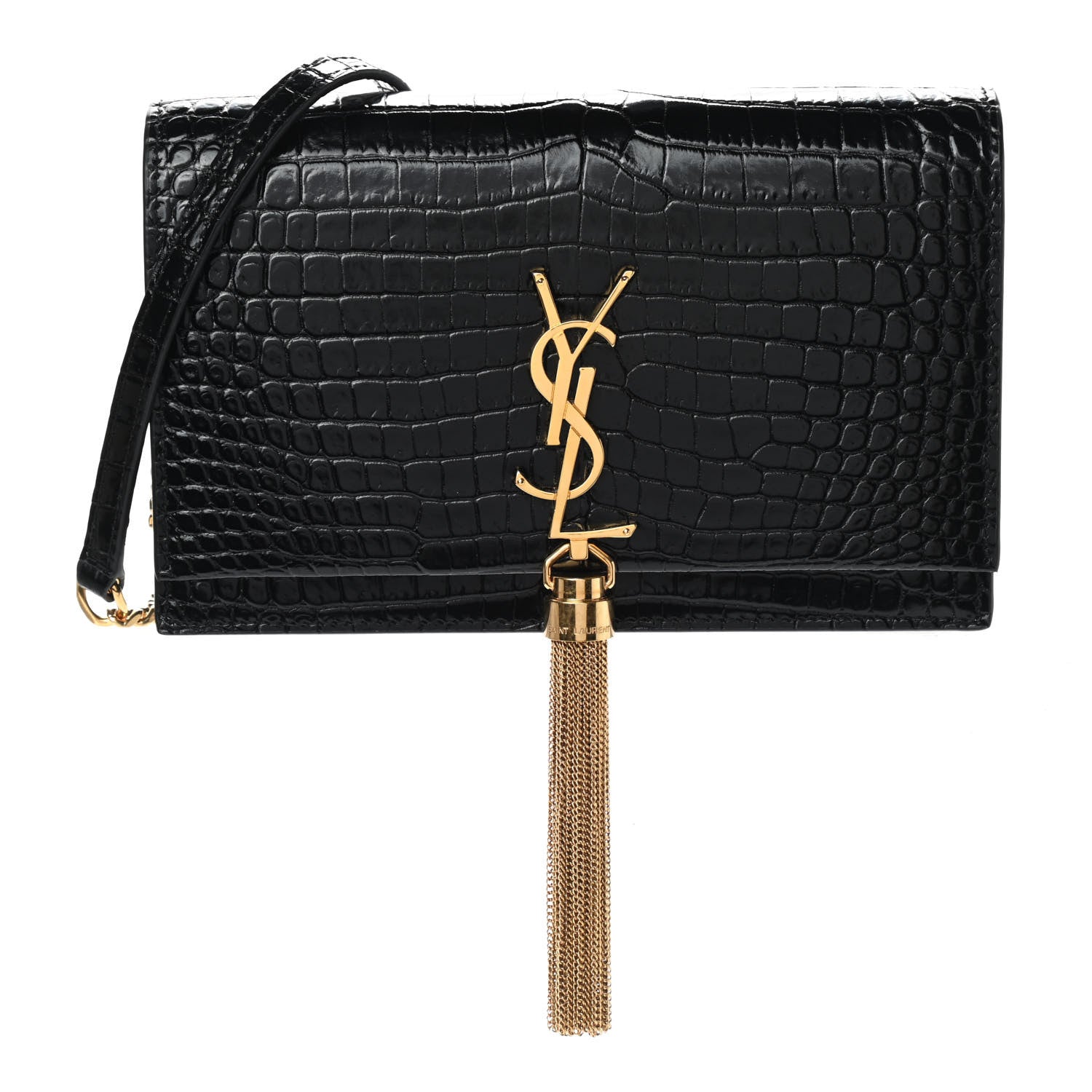 Saint Laurent Calfskin Crocodile Embossed Kate Monogram Tassel Chain Wallet Black 1 of 9