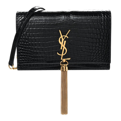 Saint Laurent Calfskin Crocodile Embossed Kate Monogram Tassel Chain Wallet Black 1 of 9