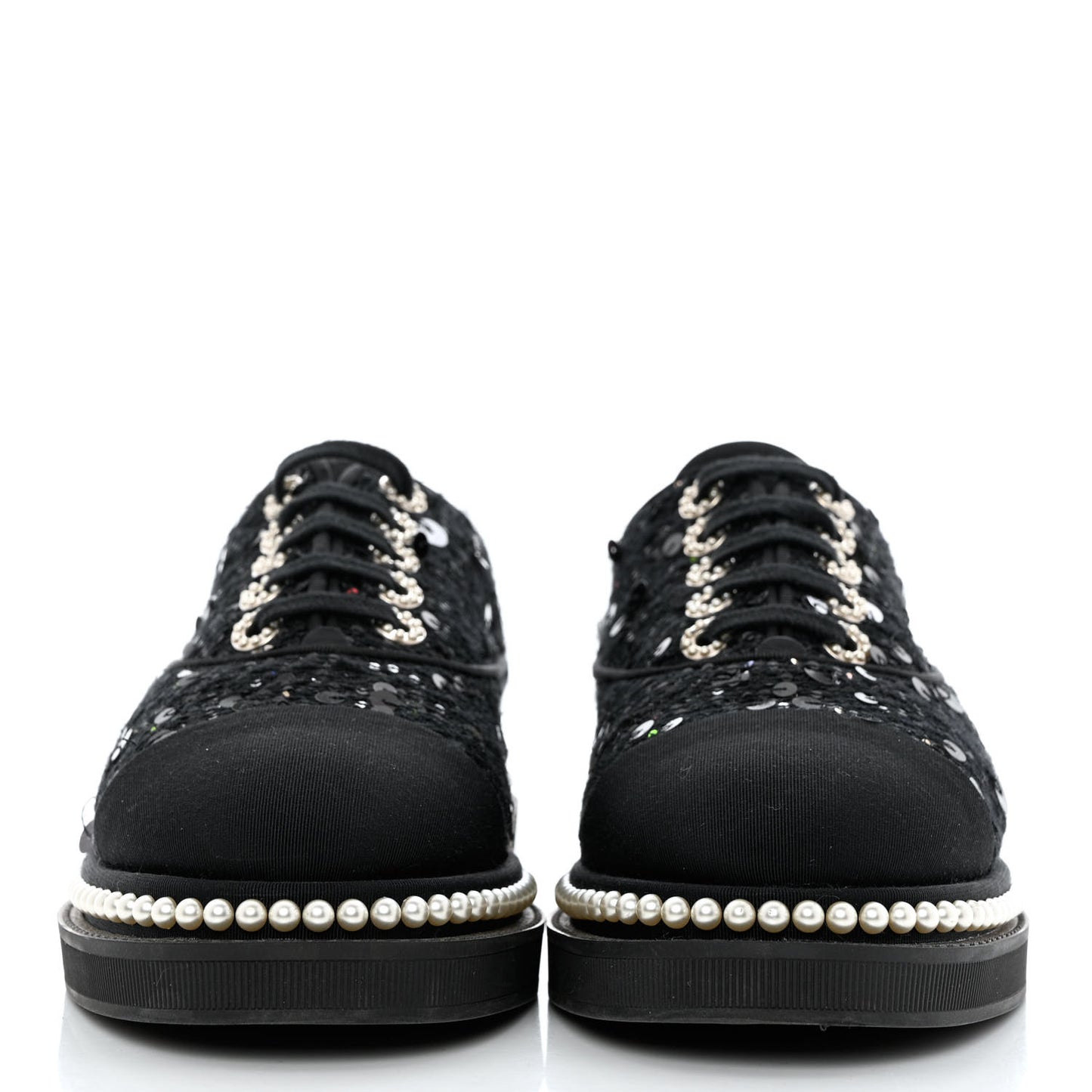 Tweed Grosgrain Sequin Pearl Lace Up Sneakers 39 Black