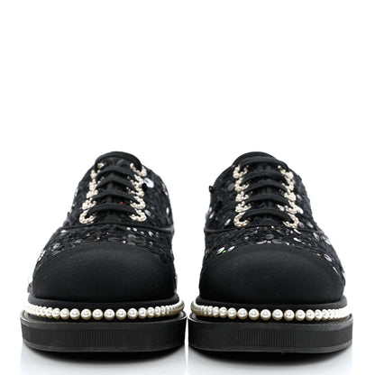 Chanel Tweed Grosgrain Sequin Pearl Lace Up Sneakers 39 Black 2 of 10