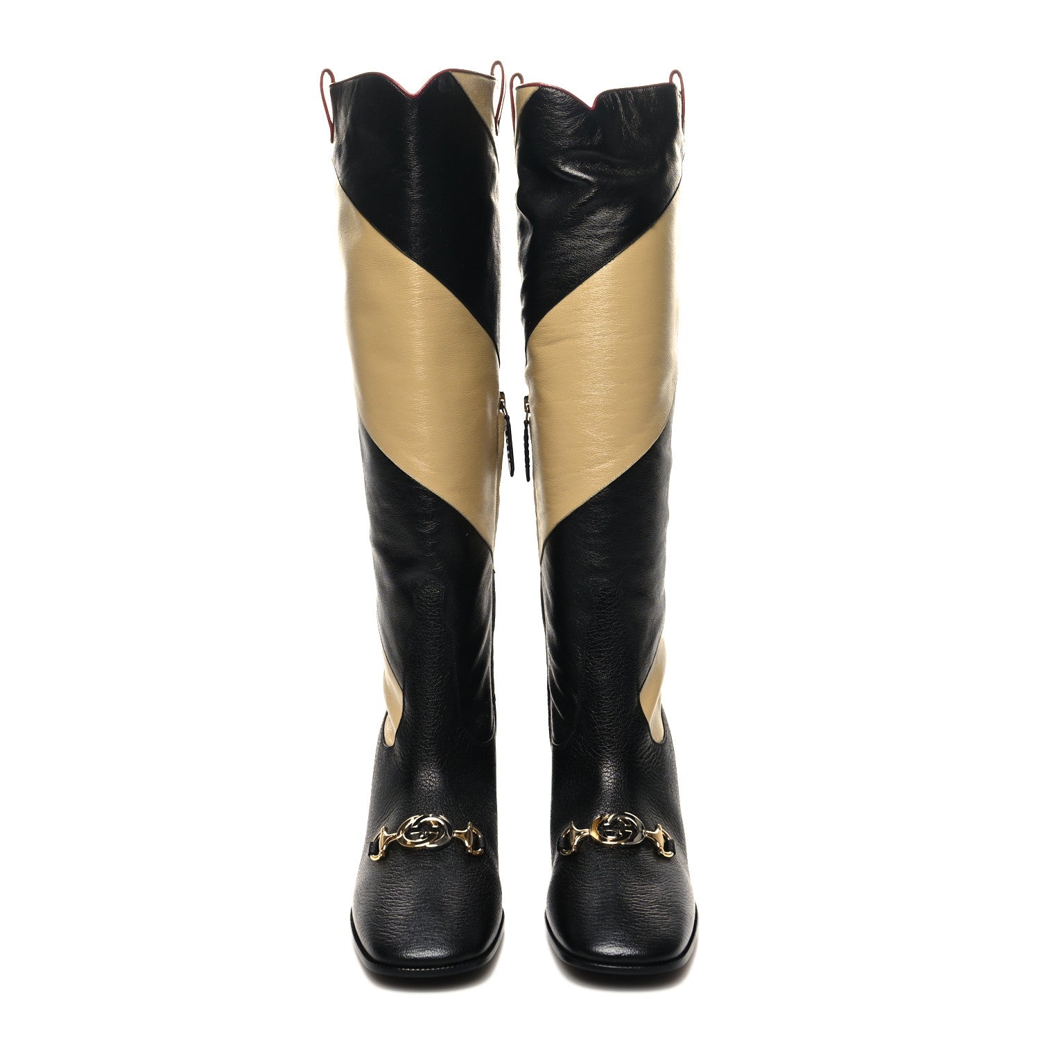 Gucci Calfskin Wrinkled Kid Diagonal Striped Zumi Knee Boots 41 Black Beige Romantic Cherry 2 of 10