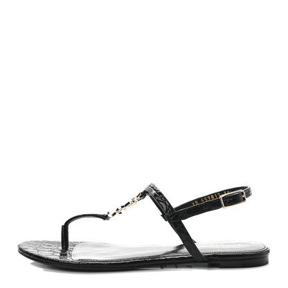 Saint Laurent Calfskin Crocodile Embossed Cassandra Monogram Sandals 38.5 Black 1 of 9