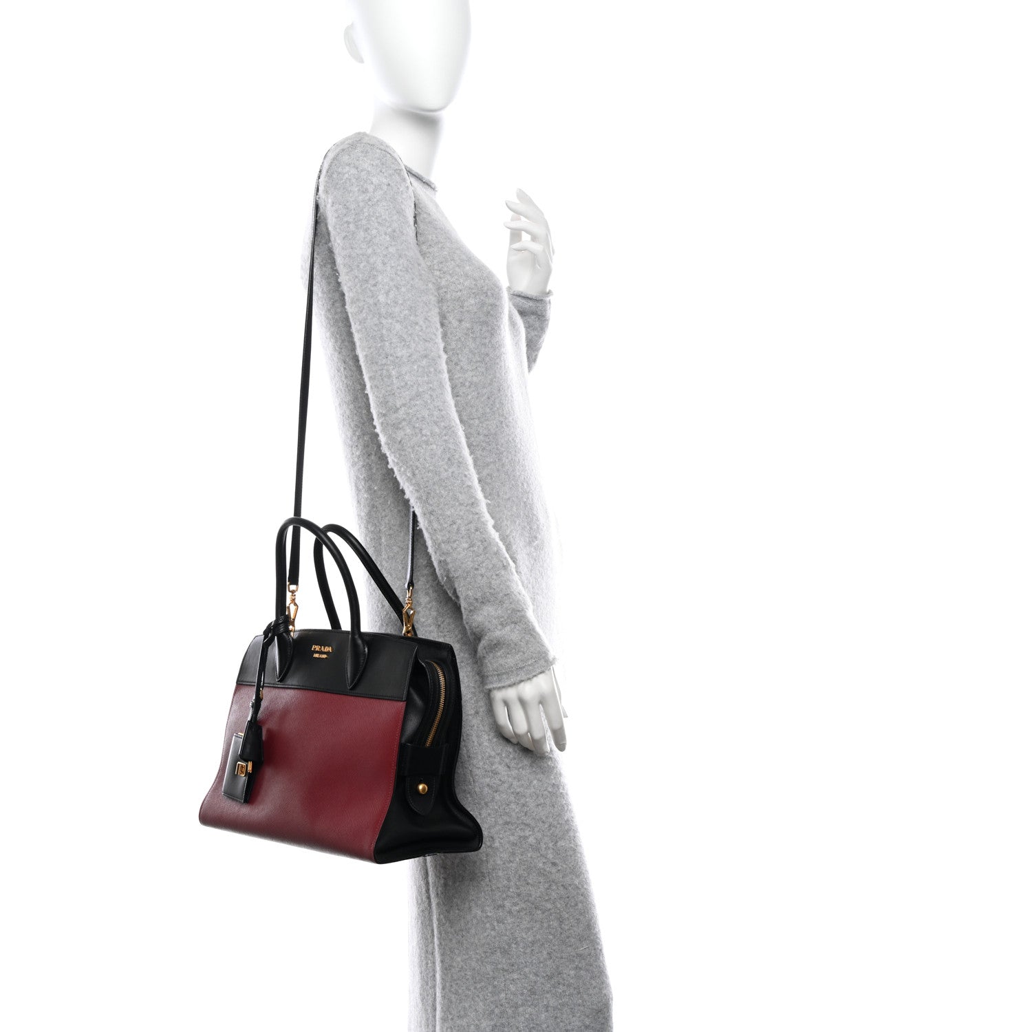 Prada Saffiano City Calfskin Medium Esplanade Red Black 2 of 13