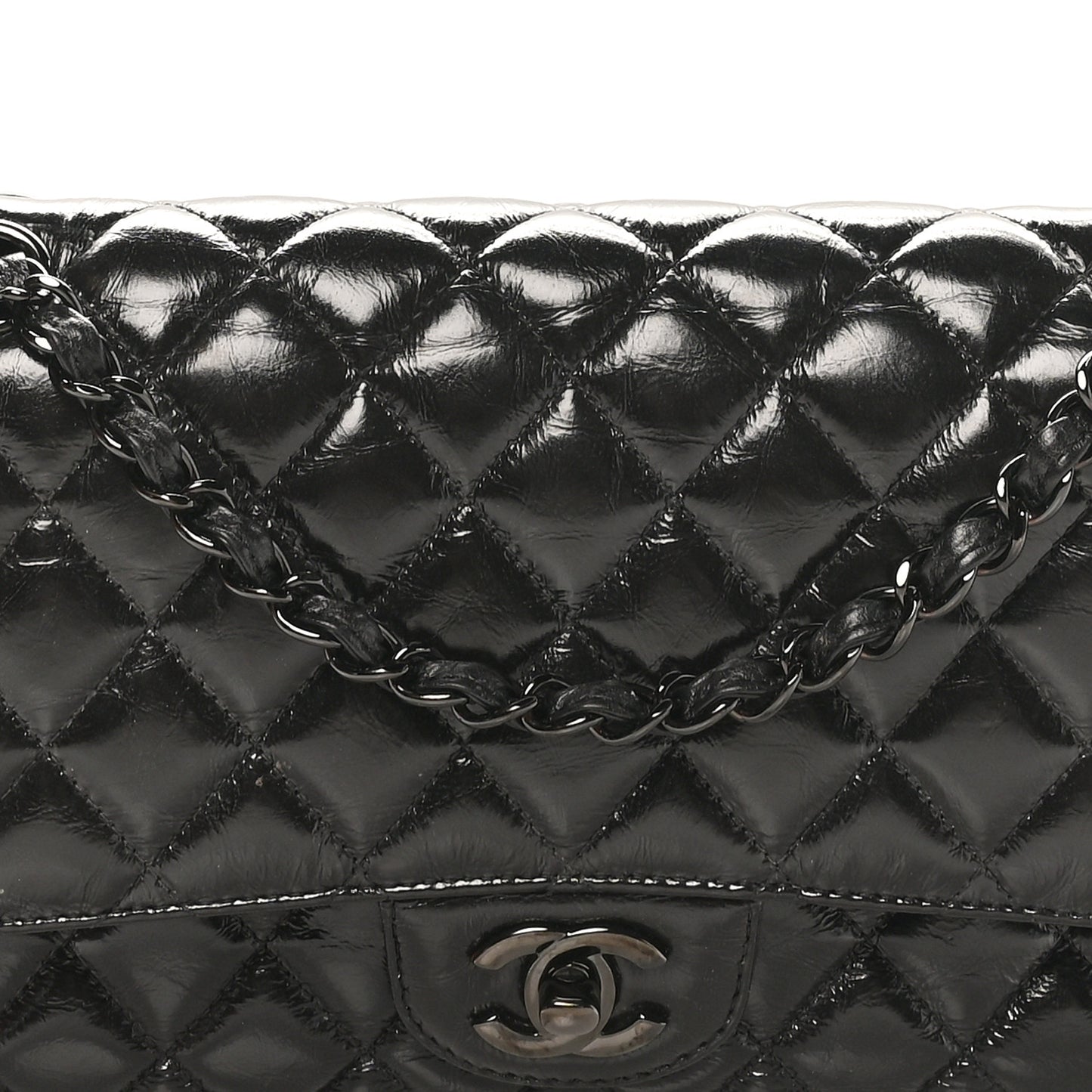 Shiny Crumpled Calfskin Quilted Medium Double Flap So Black