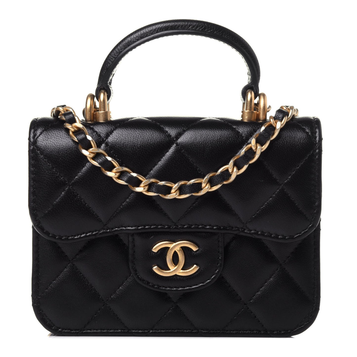 Lambskin Quilted Top Handle Flap Coin Purse With Chain Black