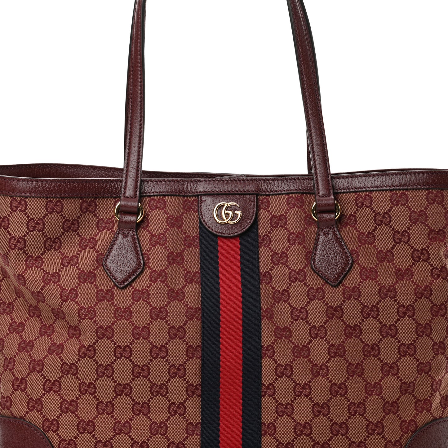 Monogram Textured Dollar Calfskin Web Medium Ophidia Shopping Tote Sahara Rubino Chardonnay