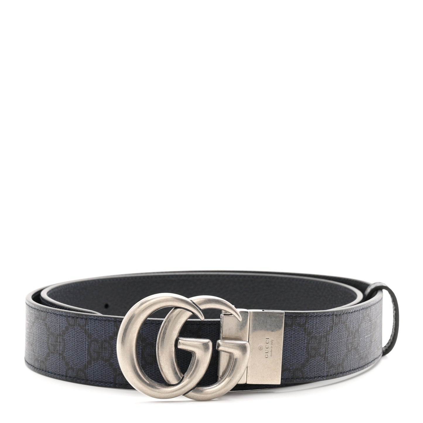 GG Supreme Monogram Plutone Calfskin Palladium Double G Reversible 37mm Belt 105 42 Black Blue