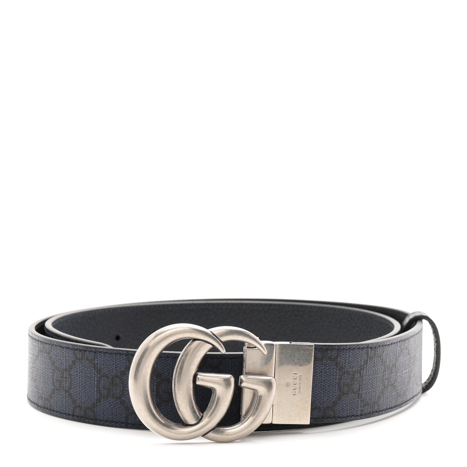 Gucci GG Supreme Monogram Plutone Calfskin Palladium Double G Reversible 37mm Belt 105 42 Black Blue 1 of 6