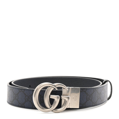 Gucci GG Supreme Monogram Plutone Calfskin Palladium Double G Reversible 37mm Belt 105 42 Black Blue 1 of 6