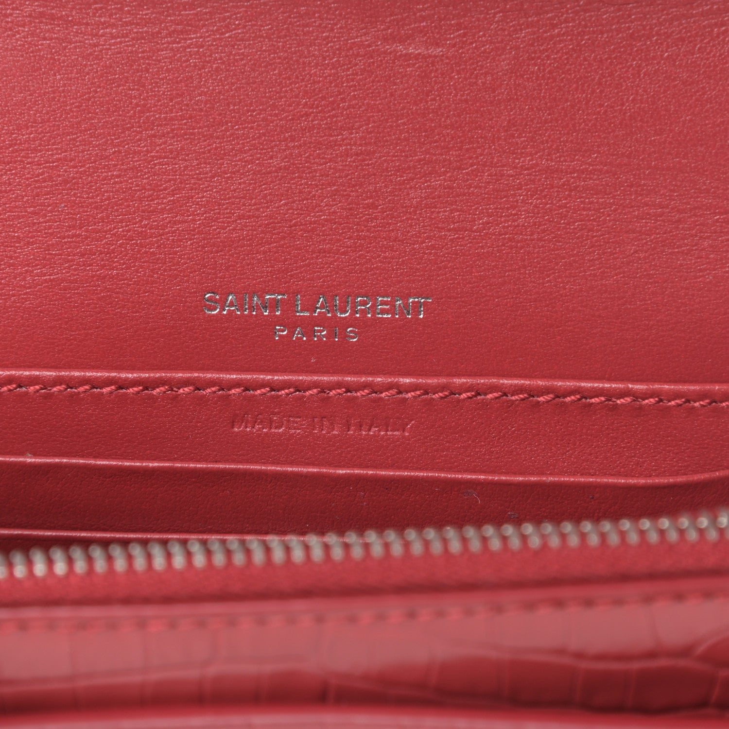 Saint Laurent Calfskin Crocodile Embossed Monogram Sunset Chain Wallet Rouge Eros 6 of 12
