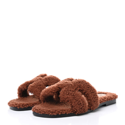 Hermes Woolskin Oran Sandals 37.5 Cognac 3 of 9