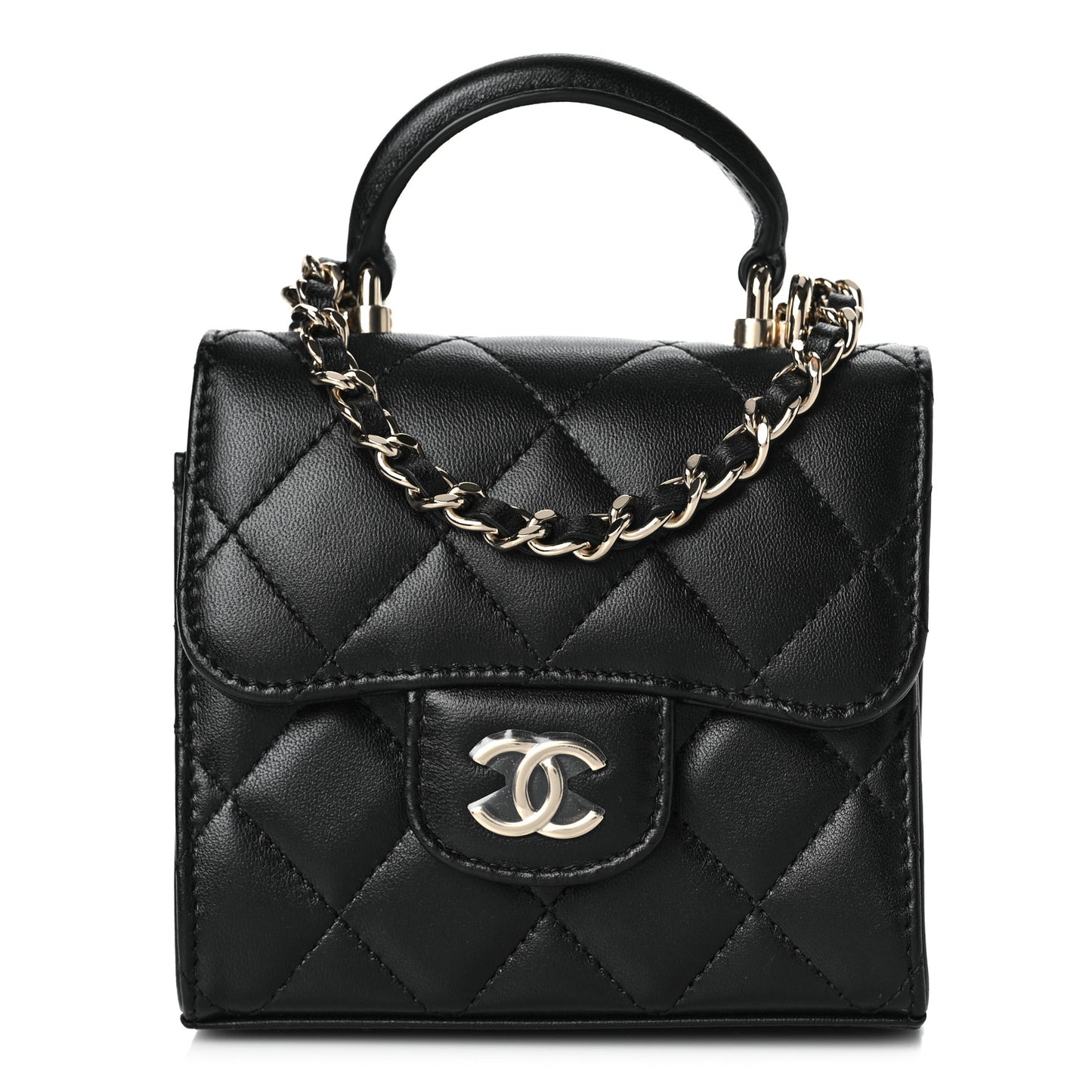 Lambskin Quilted Top Handle Flap Clutch With Chain Black