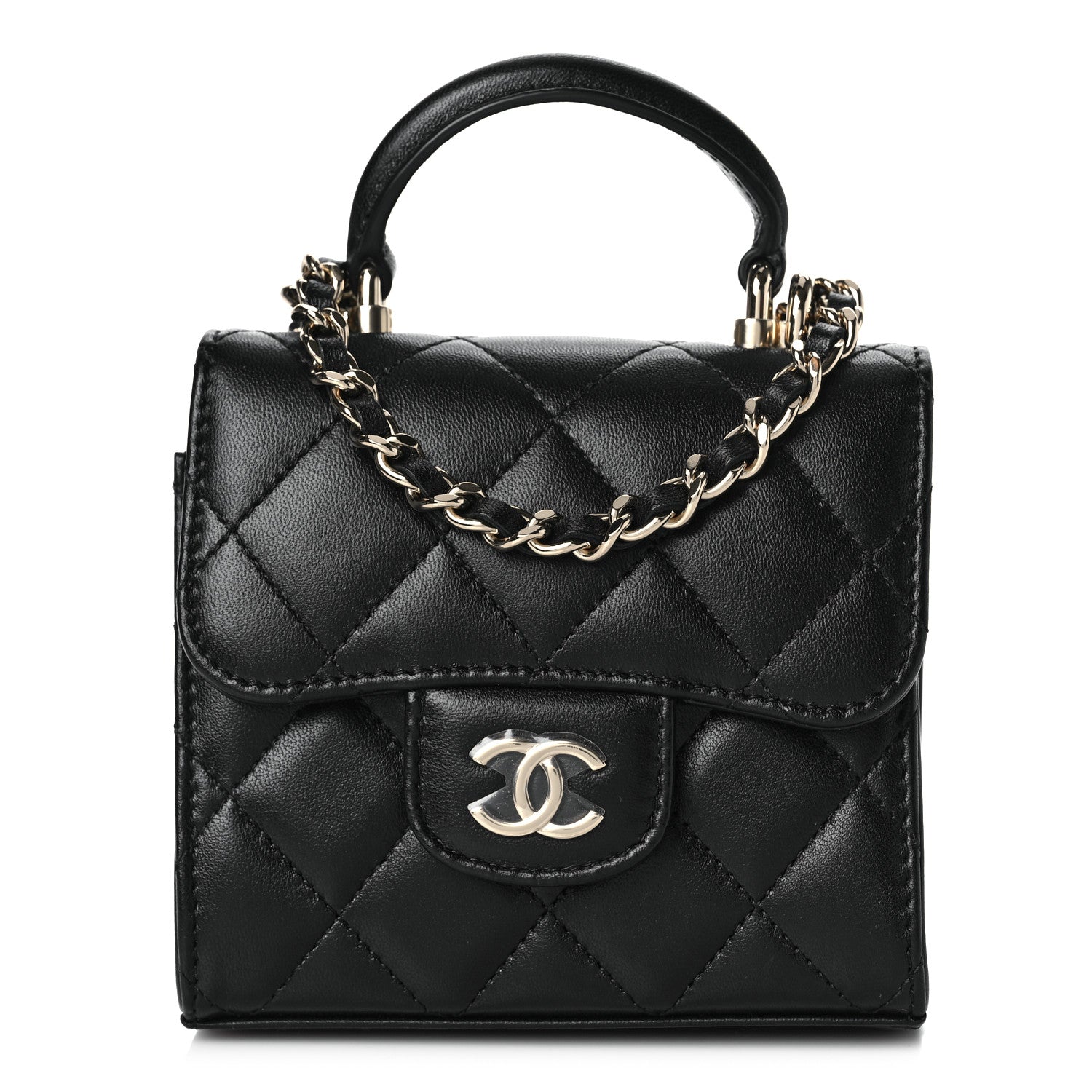 Chanel Lambskin Quilted Top Handle Flap Clutch With Chain Black 1 of 9