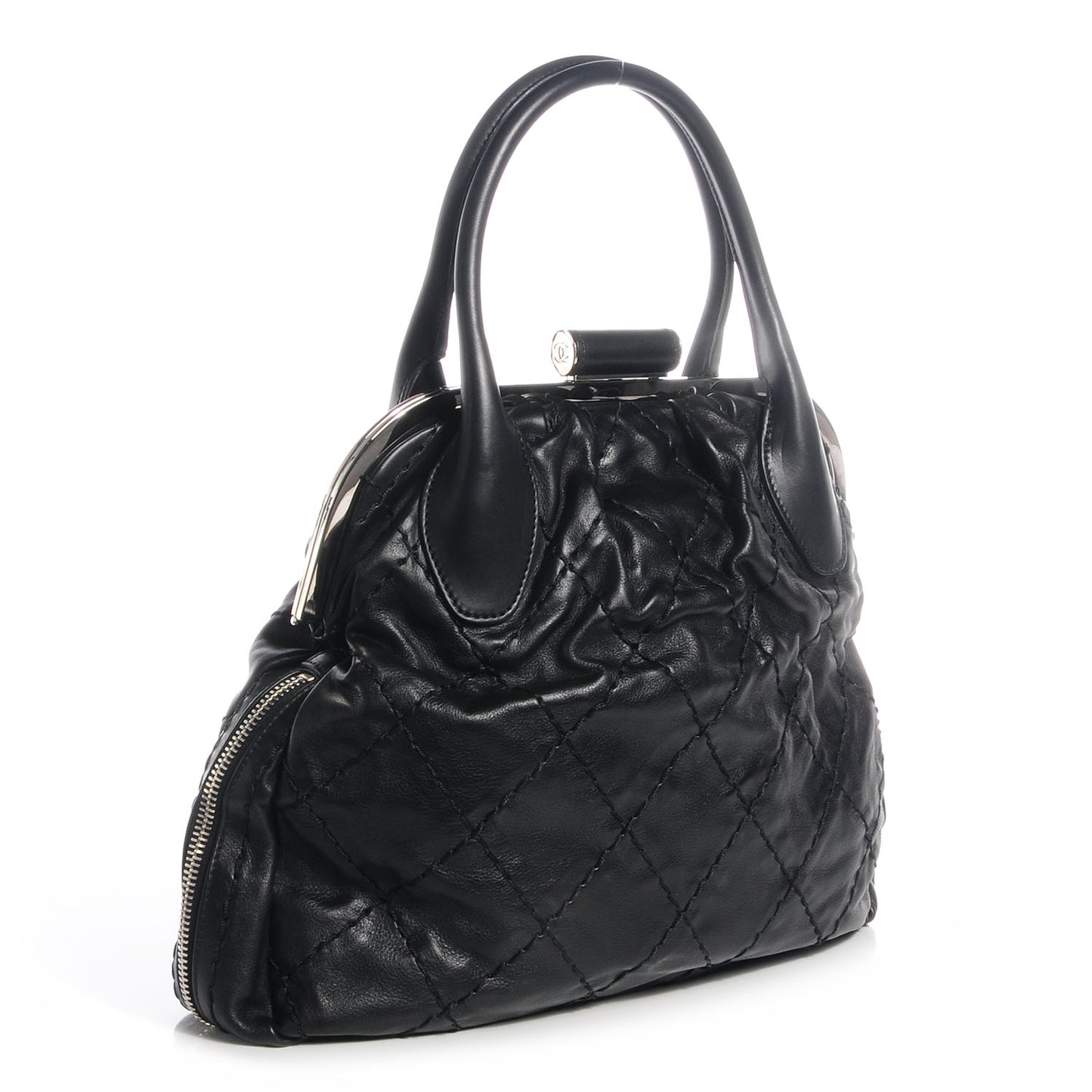 Calfskin Expandable Stitched Frame Top Bag Black