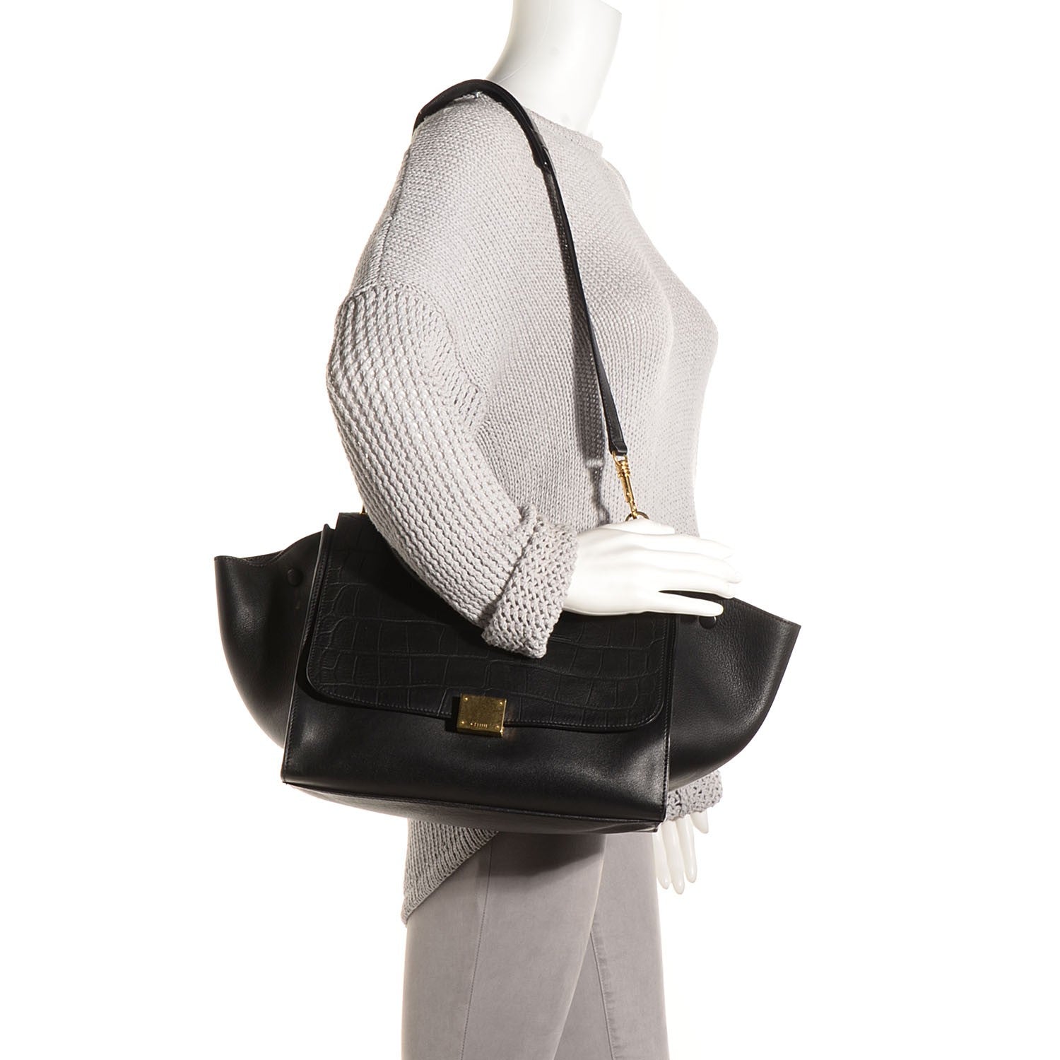 Celine Crocodile Embossed Medium Trapeze Black 2 of 8